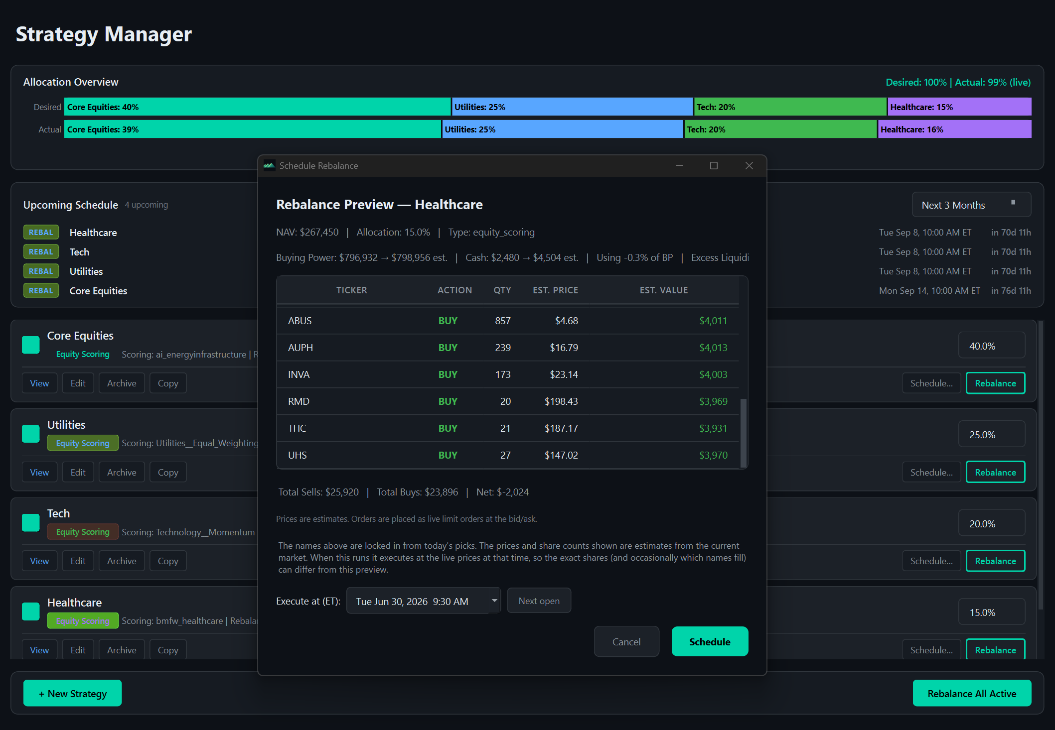Rebalance preview showing the full trade list awaiting user approval (sample data)